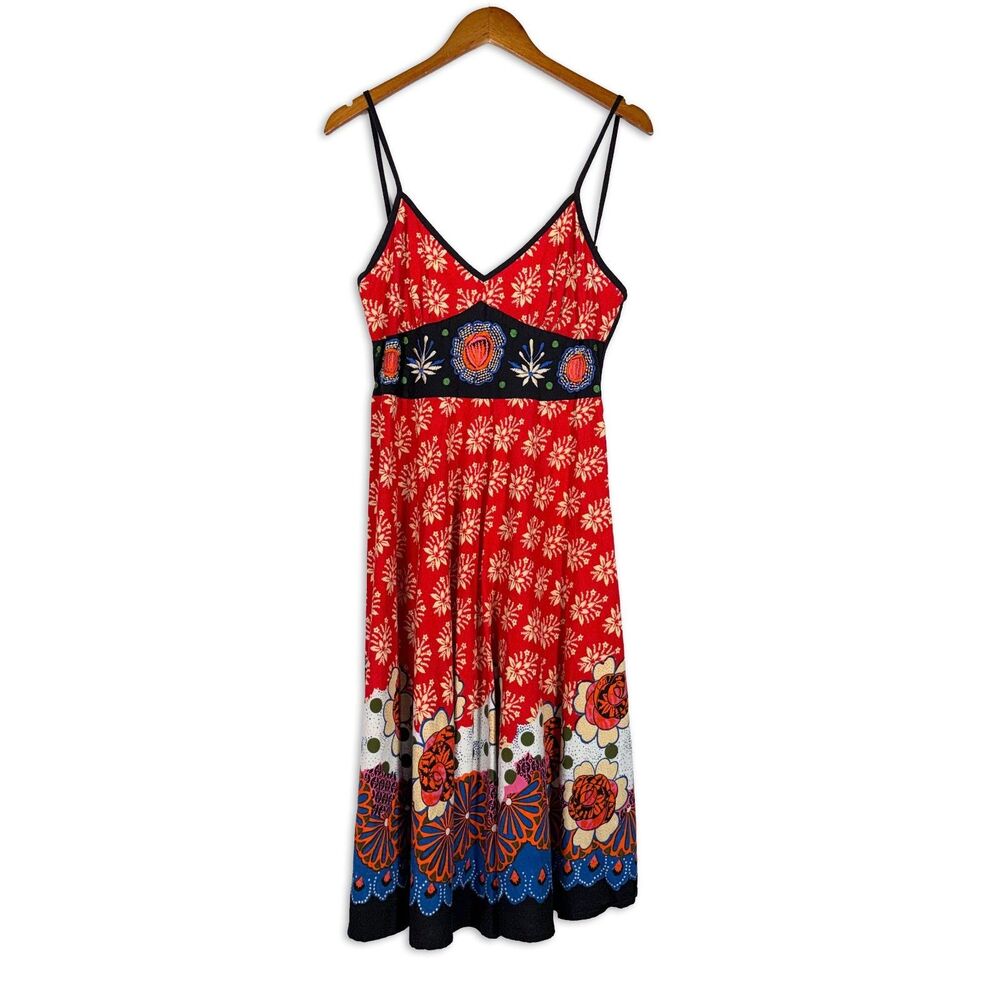 Y2K Boho Floral Embroidered Sundress Red Cotton Midi Dress Medium Magic